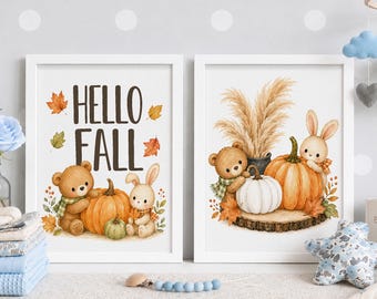Hello Fall Print Set of 2, Cute Bear & Bunny Autumn Wall Art, Pumpkin Nursery Decor, Cozy Fall Playroom Printables