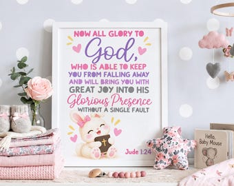 Jude 1 24 Bible Verse Girls Nursery Print, Pink Purple Christian Wall Art, Sunday School Decor, Glory to God Kids Bedroom Poster