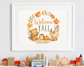 Poster di benvenuto autunnale, simpatica decorazione murale autunnale con animali del bosco, stampa di zucca, cervo e orso, decorazione autunnale per la cameretta, cartello autunnale per l'ingresso.