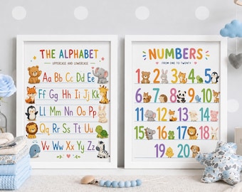 Alphabet and Numbers Poster Set of 2, Educational Nursery Print, Cute Animal ABC Chart, Handwriting 123 Playroom Decor Digital Download