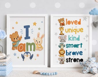 I Am Loved Unique Kind Poster Set of 2, Kids Daily Affirmations Wall Art, Cute Animal Nursery Decor, Motivational Playroom Prints Printable