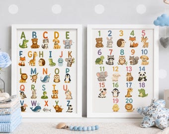 Alphabet and Numbers 1-20 Poster Set of 2, Cute Animal ABC Print, 123 Wall Art, Preschool Playroom Educational Prints