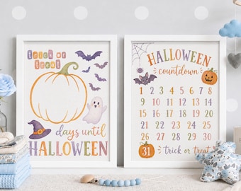 Halloween Countdown Print Set of 2, Cute Ghost & Pumpkin Decor, Kids Advent Calendar Printable, Classroom Halloween Art