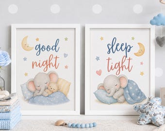 Good Night Sleep Tight Print Set of 2, Cute Sleeping Elephant Nursery Decor, Baby Room Moon Wall Art, Toddler Bedroom Printable