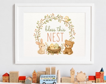 Poster "Benedisci questo nido", simpatica decorazione murale con animali del bosco, cartello di benvenuto per la cameretta, stampa con citazione familiare per l'ingresso, decorazione murale per la stanza dei giochi.