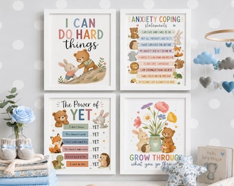 Calming Corner Posters Set of 4, Mental Health Wall Art, Power of Yet Print, Anxiety Coping Statements, Classroom Peace Corner Decor