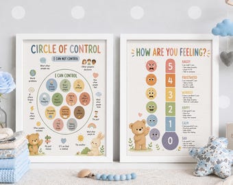 Circle of Control & How Are You Feeling Print Set of 2, Mental Health Wall Art, School Counselor Office Decor, Calm Down Corner Poster