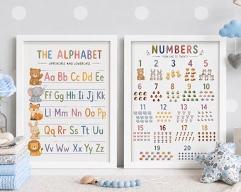 Alphabet Poster, Handwriting Chart Print, Educational Wall Art Set, Homeschool Classroom Decor, Cute Animal ABC Number 123 Poster Set