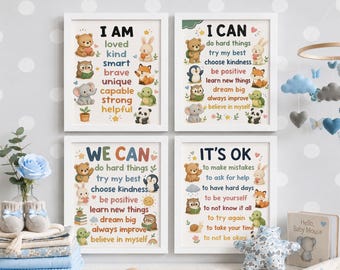 Kids Affirmation Posters Set of 4, Growth Mindset Wall Art, I Am I Can It's Ok Prints, Classroom Decor