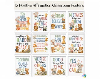 Motivational Growth Mindset Posters Set of 12, Cute Animal Classroom Decor, Affirmation Station Prints, Counselor Office Art