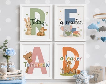 READ Sign Today A Reader Tomorrow A Leader Set of 4, Cute Animal Classroom Posters, Reading Corner Wall Art