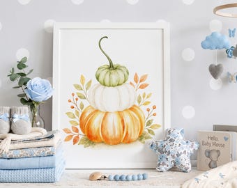Watercolor Stacked Pumpkin Print, Autumn Nursery Wall Art, Fall Baby Room Decor, Kids Thanksgiving Poster, Harvest Season Printable