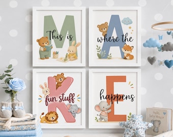 MAKE Sign Set of 4 Printables, Cute Animal Playroom Wall Decor, Art Corner Poster Set, STEM Classroom Wall Art