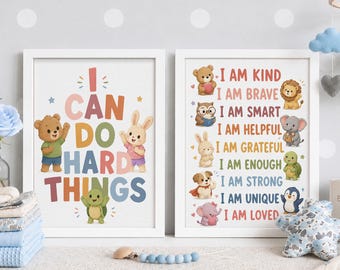 I Can Do Hard Things Poster Set of 2 Playroom Prints, Kids Affirmation, Bright Groovy Classroom Decor, Nursery Wall Art Affirmation