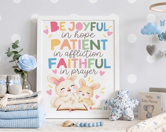 Be Joyful In Hope Romans 12 12 Print, Cute Bunny Christian Nursery Wall Art, Pastel Reading Bunnies Bible Verse Decor, Girls Poster Sign