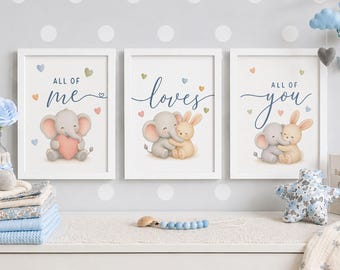 Set di 3 stampe "All of Me Loves All of You", simpatici elefantini e coniglietti da appendere alla parete della cameretta, regalo per baby shower, poster stampabile per la stanza dei giochi.