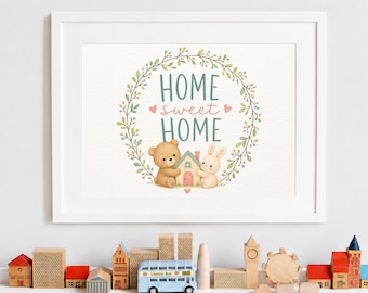Stampa "Casa dolce casa", simpatico quadro con animali, cartello di benvenuto per la cameretta, poster con citazione sulla famiglia per l'ingresso, decorazione murale per la stanza dei giochi, arte con orsacchiotto e coniglietto