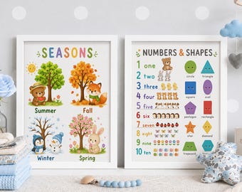 Seasons Numbers and Shapes Poster Set of 2, Cute Animal Educational Wall Art, Preschool Playroom Decor, Homeschool Printable Prints