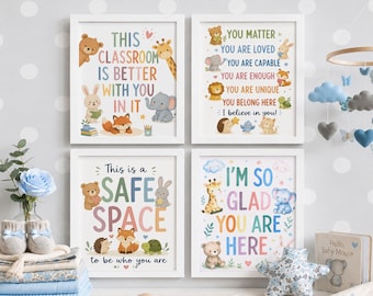 Inclusion Classroom Posters Set of 4, Safe Space Printables, Welcome Wall Art, Elementary Teacher Counselor Office Decor