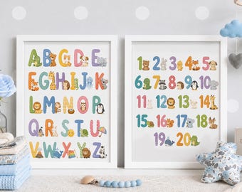 Cute Animal Alphabet and Numbers Poster Set of 2, Educational Nursery Wall Decor, Playroom ABC 123 Prints, Instant Digital Download