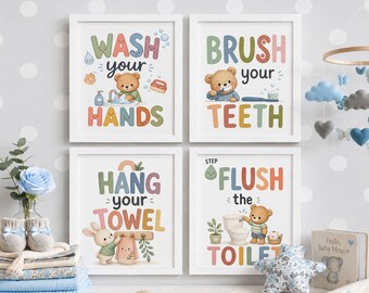 Kids Bathroom Rules Print Set of 4, Cute Animal Washroom Wall Art, Wash Your Hands Brush Your Teeth, Bathroom Decor Poster