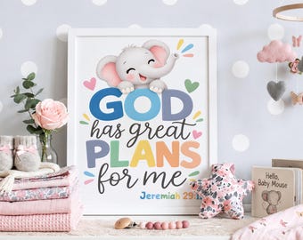 God Has Great Plans For Me Print, Cute Elephant Jeremiah 29 11 Bible Verse Wall Art, Christian Nursery Decor, Kids Scripture Poster Sign