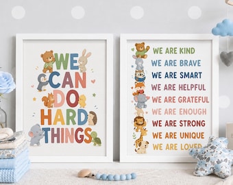 We Can Do Hard Things Set of 2, Kids Daily Affirmations Poster, Cute Animal Classroom Decor, Growth Mindset Playroom Wall Art