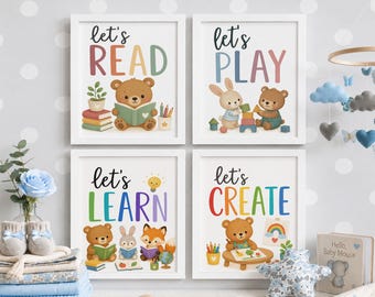 Let's Read Play Learn Create Print Set of 4, Cute Animal Playroom Decor, Classroom Posters, Art Corner Wall Art