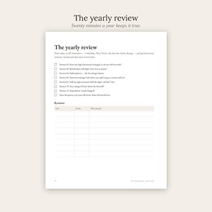 May include: A white page titled The yearly review with the subtitle Twenty minutes a year keeps it true. It includes a checklist of sections from 02 to 12 regarding legal documents, beneficiaries, subscriptions, passwords, and a review table.