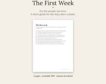 May include: A digital document titled Composed The First Week, featuring a checklist for the days after a death. The page includes a header, a subtitle, and a list of tasks with checkboxes. The text is black on a white background, presented as a printable PDF.