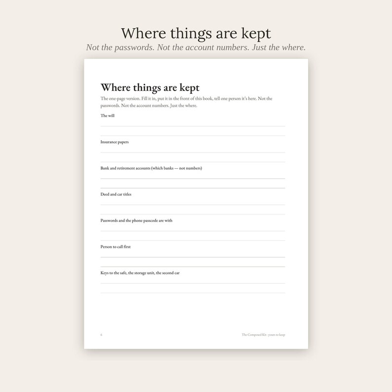 May include: A white informational document titled Where things are kept with black text. It includes lines for recording locations of a will, insurance papers, bank accounts, deeds, car titles, passwords, emergency contacts, and keys to safes or storage.
