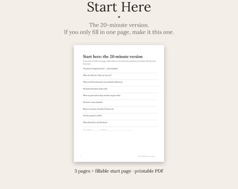 May include: A printable PDF document titled Start Here: the 20-minute version. The page features a list of prompts including The person in charge, Where my will is, Where my ID, Social Security card, and birth certificate are, and My banks.