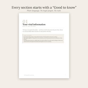 May include: A white document page titled 01 Your vital information, featuring a Good to know section with text about recording document locations and death certificate copies. The header reads Every section starts with a Good to know.