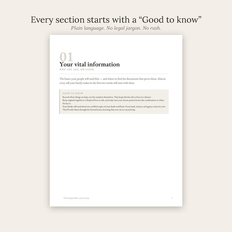May include: A white document page titled 01 Your vital information, featuring a Good to know section with text about recording document locations and death certificate copies. The header reads Every section starts with a Good to know.