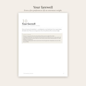 May include: A white page titled Your farewell with the subtitle Even a few preferences lift an enormous weight. The text includes the heading 10 Your farewell, Funeral & Memorial Wishes, and a Good to know box with advice on funeral planning.