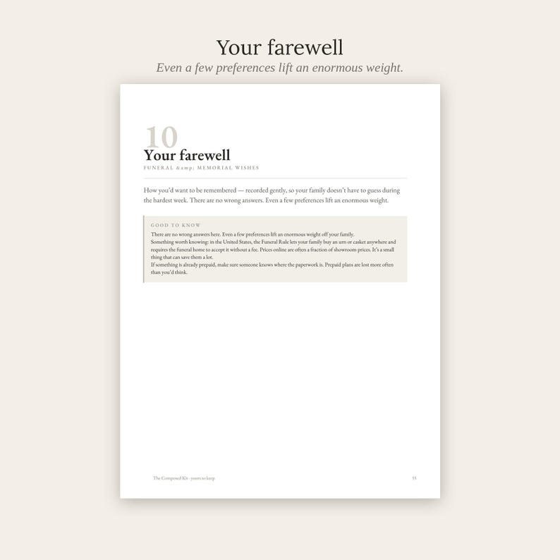May include: A white page titled Your farewell with the subtitle Even a few preferences lift an enormous weight. The text includes the heading 10 Your farewell, Funeral & Memorial Wishes, and a Good to know box with advice on funeral planning.