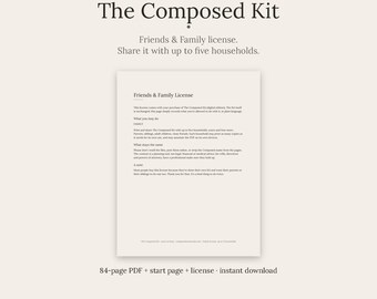 May include: The Composed Kit digital document with a Friends & Family license allowing sharing with up to five households. The page displays text regarding usage rights, including what you may do and what stays the same. Includes 84-page PDF.