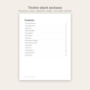 May include: A white page titled Contents with twelve numbered sections including Your vital information, Your legal documents, Your money, Bills & subscriptions, Your digital life, Your insurance, Your people, Your property & belongings, Your health & care wishes, Your farewell, Your words, and Your dependents.