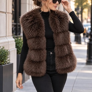 May include: A dark brown faux fur vest featuring a multi-tiered horizontal panel design. The sleeveless garment has a thick, plush texture and a full-length front opening, worn over a black long-sleeved mock neck top and black denim jeans.
