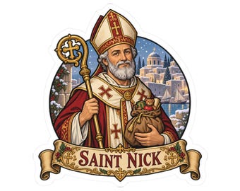 Sint-Nicolaassticker voor leerkrachten en klaslokalen, Sint-Nicolaassticker met geschiedenis en folklore voor de feestdagen.