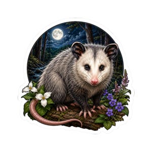 May include: A circular sticker featuring a gray and white opossum with a pink nose sitting on a textured log. The background shows a forest at night under a full moon. White trillium flowers and purple wildflowers are visible in the foreground.