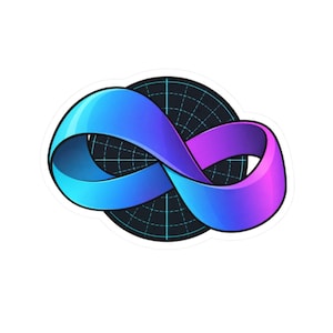 May include: A sticker featuring a gradient infinity symbol that transitions from blue to purple. The symbol is layered over a dark circular background with a light blue grid pattern, resembling a radar screen or a technical coordinate system.