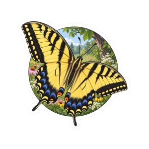 May include: A die-cut sticker featuring a vibrant yellow and black swallowtail butterfly with blue and orange accents on its lower wings. The butterfly is centred over a circular illustration of a green forest landscape with wildflowers.