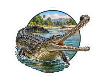 Gharial-sticker, zeldzaam kunstwerk van een rivierkrokodil met lange snuit, natuurhistorisch cadeau voor nieuwsgierige mensen.