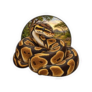 May include: A sticker featuring a coiled ball python with a brown and tan patterned scale design. The snake is positioned in front of a circular background depicting a savanna landscape with trees, green foliage, and a sunset sky.