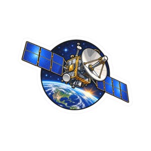 May include: A circular sticker featuring a satellite with blue solar panels and a large white dish antenna orbiting above a view of the Earth. The background shows a dark blue starry space scene with the sun rising over the planet's horizon.