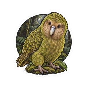 May include: A sticker featuring a kakapo, a flightless parrot with mottled olive-green and yellow feathers, a pale grey beak, and a round face. The bird stands on a mossy patch against a circular background depicting a dense, green forest.
