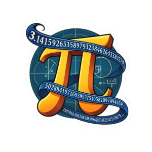 May include: A sticker featuring a large, three-dimensional yellow Pi symbol wrapped in a blue ribbon printed with the digits of pi. Behind the symbol is a dark blue circular background displaying white mathematical diagrams, grid lines, and the golden ratio formula.