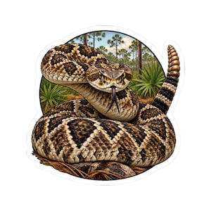 Puede incluir: Una pegatina circular que muestra una serpiente de cascabel enroscada con escamas de patrón de diamante marrón y bronceado, la cabeza levantada y una lengua bífida. La serpiente se sitúa sobre un fondo de pinos y plantas de palmito verdes.