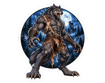 Weerwolfsticker voor cryptidenverzamelaars, sticker met monster bij volle maan, cadeau met gotische folklore-elementen